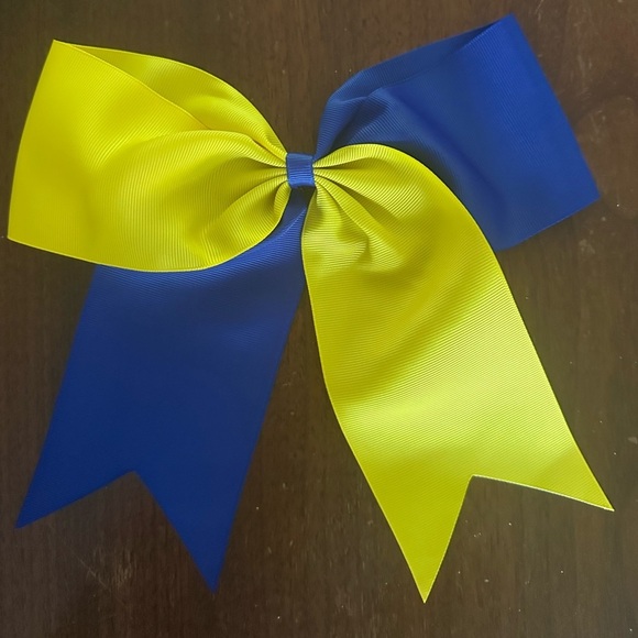 Cheer Bow Large Blue Gold Yellow Rubber Band Spirit Bow - Picture 5 of 5